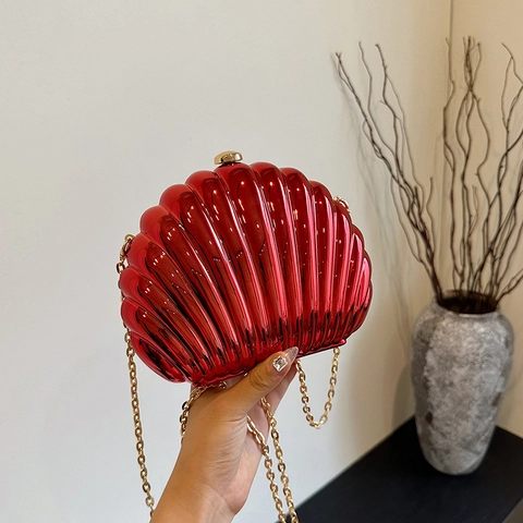 Sac De Soirée Coquillage Pour Femmes Coque Rigide Métallique Texture Festonnée Bandoulière Chaîne Élégant