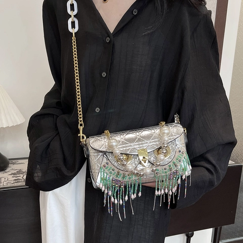 Owl Shape Crossbody Bag PU Leather Rhombic Quilting Rhinestone Tassel Artificial Pearl Handle Chain Strap Evening Party Fashion