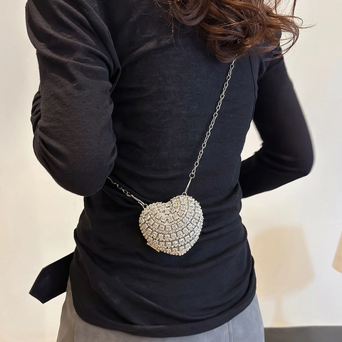 Hartvormige Avondtas Met Strass Glinsterende Crossbody Clutch Handtas Met Metalen Ketting Voor Dames