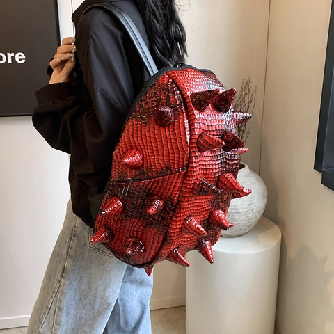 Fashion Spike Backpack Punk 3D Studded Hedgehog Style PU Leather Crocodile Pattern Large Capacity Streetwear For Adults