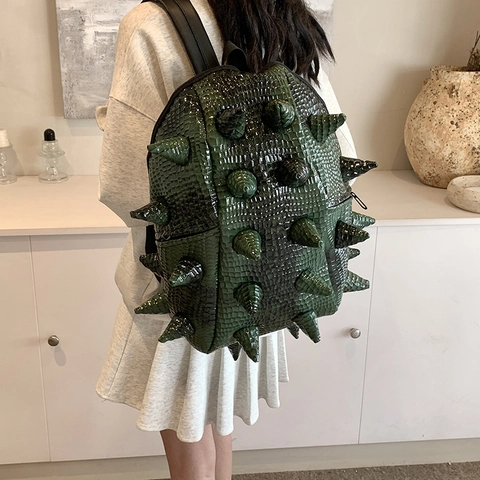 Fashion Spike Backpack Punk 3D Studded Hedgehog Style PU Leather Crocodile Pattern Large Capacity Streetwear For Adults