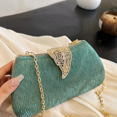 Women Evening Clutch Bag Shimmer Wave Texture PU Leather Hollow Leaf Clasp Gold Chain Strap Party Wedding Purse