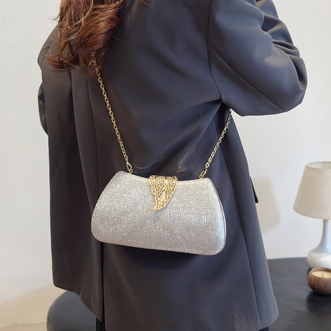 Women Evening Clutch Bag Shimmer Wave Texture PU Leather Hollow Leaf Clasp Gold Chain Strap Party Wedding Purse