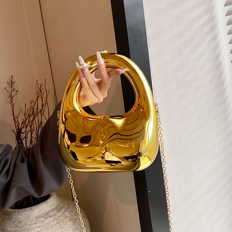 Unregelmäßige Spiegel Acryl Box Tasche Metallic Gold Silber Abend Clutch Handtasche Trendige Kette Schultertasche
