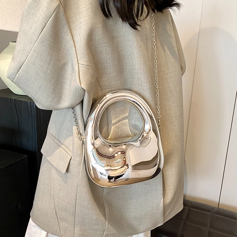 Unregelmäßige Spiegel Acryl Box Tasche Metallic Gold Silber Abend Clutch Handtasche Trendige Kette Schultertasche
