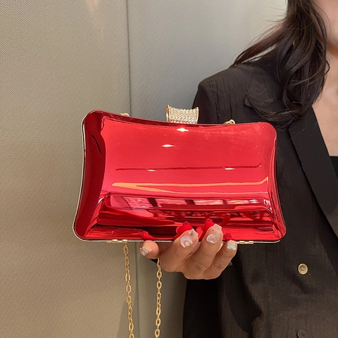 Evening Clutch Bag Mirror Acrylic Rhinestone Clasp Metal Chain Shoulder Bag Square Box For Party Wedding Chic
