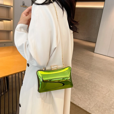 Evening Clutch Bag Mirror Acrylic Rhinestone Clasp Metal Chain Shoulder Bag Square Box For Party Wedding Chic
