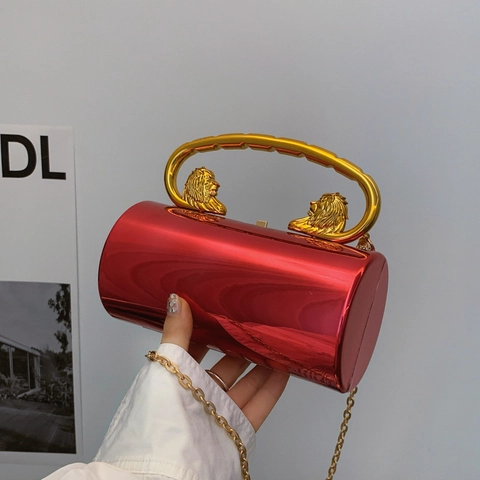 Lion Head Handle Cylinder Evening Bag Acrylic Mirror PU Retro Party Clutch With Chain