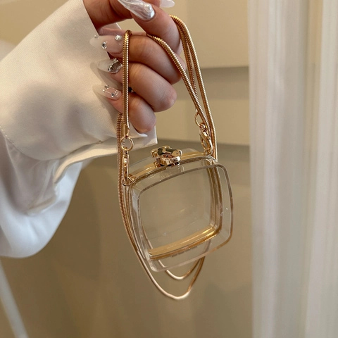 Transparent Acrylic Mini Shoulder Bag With Gold Metal Chain Geometric Shape For Women Evening Party