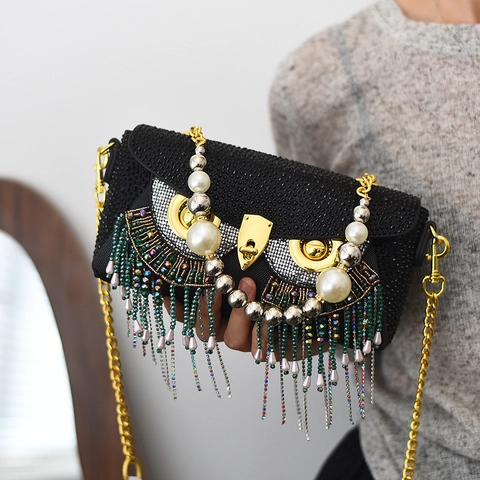 Uilvormige Avondtas Met Strass Voor Dames Met Kunstparelhandvat En Gekleurde Kwastjes Ketting Schoudertas Handtas