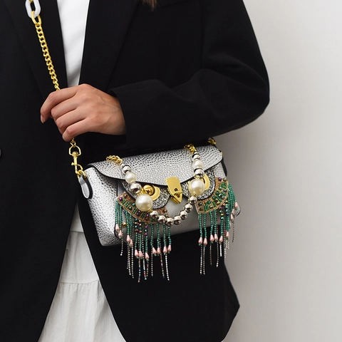 Uilvormige Avondtas Met Strass Voor Dames Met Kunstparelhandvat En Gekleurde Kwastjes Ketting Schoudertas Handtas