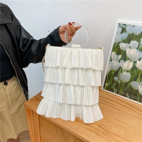 Borsa A Spalla Pieghettata Da Donna Con Manico Circolare E Tracolla Rimovibile Borsa A Mano Con Volant Elegante
