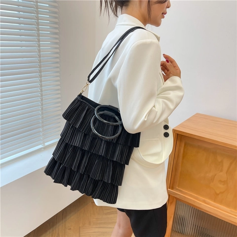 Borsa A Spalla Pieghettata Da Donna Con Manico Circolare E Tracolla Rimovibile Borsa A Mano Con Volant Elegante