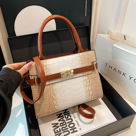 Borsa A Mano In Pelle PU Con Motivo A Coccodrillo Donna Borsa Tote Tracolla Sfumata Chiusura In Metallo Vintage Moda