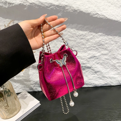 Mini Borsa A Secchiello Donna Pelle PU Metallizzata Farfalla Perla Artificial Coulisse Catena A Sfere Tracolla Tendenza Y2K