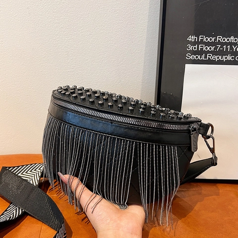 Punk Rivet Tassel Crossbody Chest Bag For Women PU Leather Quilted Waist Pack With Wide Adjustable Strap Fashionable