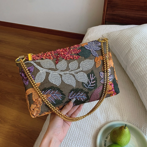 Floral Embroidery Sequin Crossbody Bag With Gold Chain Strap Retro Bohemian Envelope Shoulder Bag For Women