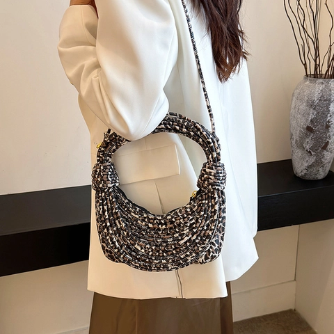 Sac À Épaule Imprimé Léopard Simili Cuir Corde Tressée Noeud Sac À Main Femmes Mode Tendance Hobo Demi-Lune
