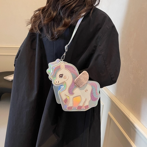 Schattige Cartoon Eenhoorn Schoudertas PU Leer Pailletten Borduurwerk 3D Vleugels Crossbody Handtas Voor Meisjes Vrouwen