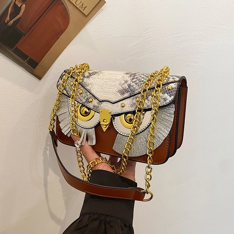 Borsa a Tracolla da Donna Vintage a Forma di Gufo in Pelle PU con Trama a Serpente Borchie Catena in Metallo Piccola Borsa Quadrata
