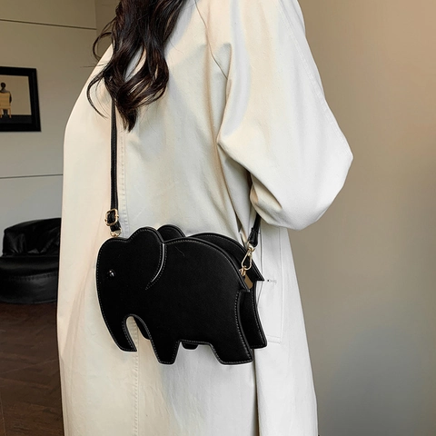 Elephant Shaped Crossbody Bag For Women PU Leather Cartoon Animal Shoulder Bag With Adjustable Strap Contrast Color