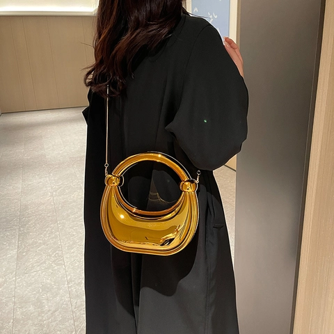 Sac À Main Dumpling En Acrylique Effet Miroir Métallique Sac Bandoulière Demi-Lune Avec Poignée Ronde Et Chaîne Métallique