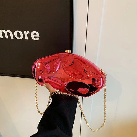 Irregular Pebble Shape Evening Clutch Bag Acrylic Mirror Finish Metallic Crossbody Handbag With Chain Strap Party