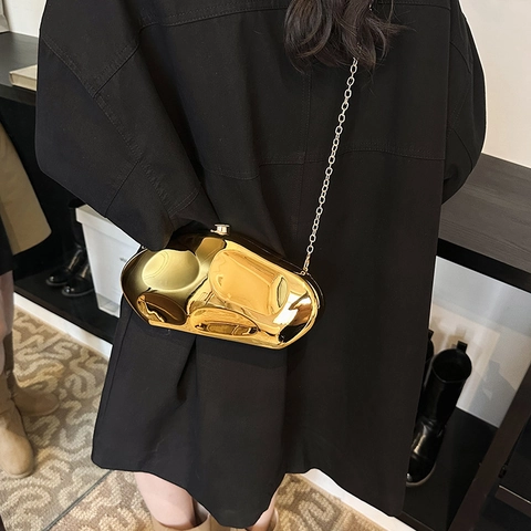 Irregular Pebble Shape Evening Clutch Bag Acrylic Mirror Finish Metallic Crossbody Handbag With Chain Strap Party