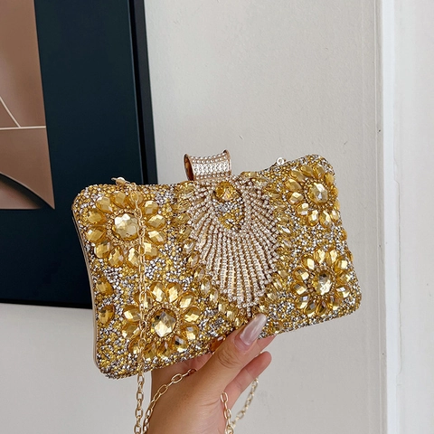 Luxury Rhinestone Evening Clutch Bag Radiant Crystal Flower Pattern Metal Chain Shoulder Bag Wedding Party Women Banquet