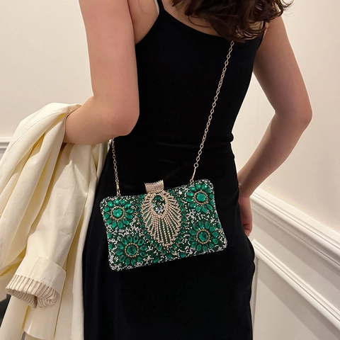 Luxury Rhinestone Evening Clutch Bag Radiant Crystal Flower Pattern Metal Chain Shoulder Bag Wedding Party Women Banquet