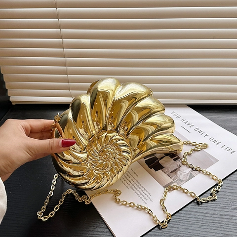 Sac De Soirée Coquille De Nautile Miroir Métallique Rigide Sac À Bandoulière Avec Chaîne Pour Femme Fête Mariage Élégant