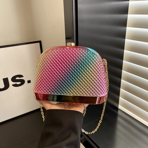 Acrylic Evening Clutch Bag With Metal Chain Shell Shape Rainbow Rhinestone Grid For Women Wedding Party Formal Dinner