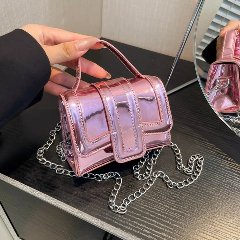 Mini Crossbody Handbag For Women Shiny Mirror PU Leather Small Square Bag With Metallic Chain Strap Trendy