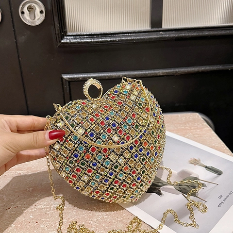 Luxury Heart Shaped Rhinestone Evening Bag For Women Crystal Clutch Metal Chain Shoulder Handbag For Wedding Party