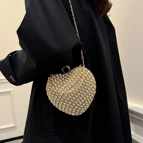 Luxury Heart Shaped Rhinestone Evening Bag For Women Crystal Clutch Metal Chain Shoulder Handbag For Wedding Party