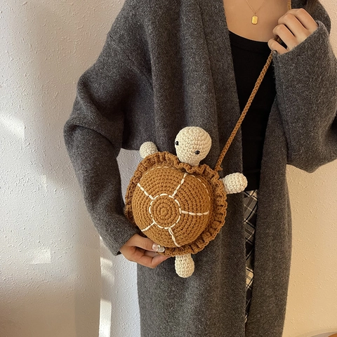 Handmade Crochet Turtle Shoulder Bag For Women Girls Cute Cartoon Knitted Crossbody Bag Green Brown Animal Shaped Mini Purse