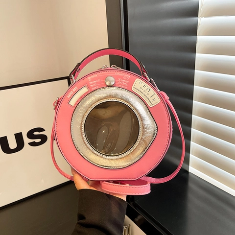 Sac À Épaule Rond En Forme De Machine À Laver Créatif Nouveauté En Cuir PU Sac À Main Bandoulière Avec Fenêtre Transparente Pour Femmes