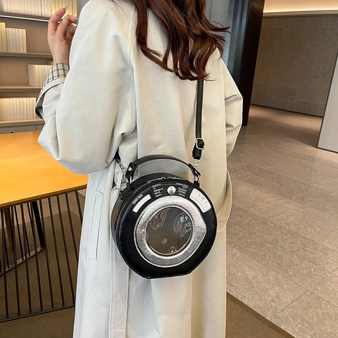 Sac À Épaule Rond En Forme De Machine À Laver Créatif Nouveauté En Cuir PU Sac À Main Bandoulière Avec Fenêtre Transparente Pour Femmes