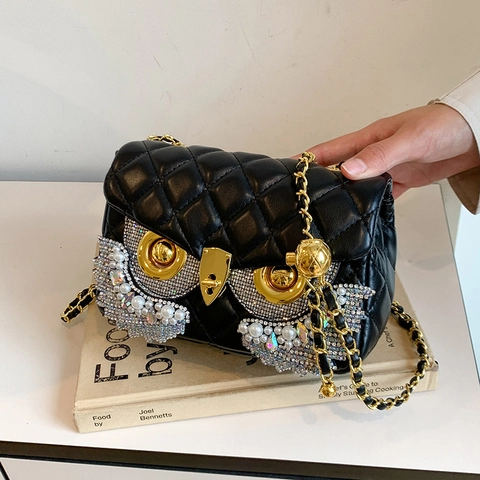Borsa A Tracolla In Pelle PU Trapuntata A Forma Di Gufo Con Nappa In Strass E Catena A Sfera Dorata Regolabile