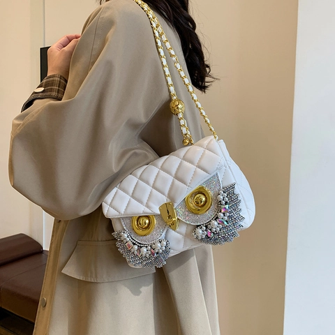 Borsa A Tracolla In Pelle PU Trapuntata A Forma Di Gufo Con Nappa In Strass E Catena A Sfera Dorata Regolabile