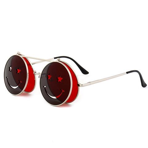 Runde Flip-Up-Sonnenbrille Metallrahmen Stern Smiley Gesicht Doppelschicht UV400 Partybrille Street Style Unisex