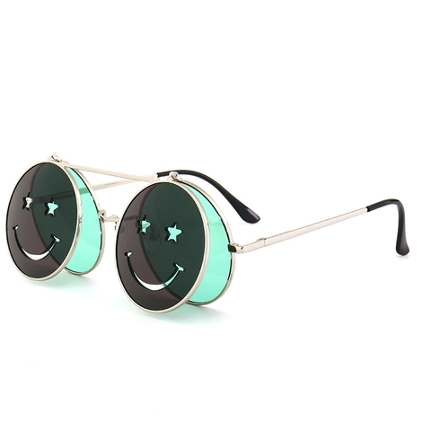 Runde Flip-Up-Sonnenbrille Metallrahmen Stern Smiley Gesicht Doppelschicht UV400 Partybrille Street Style Unisex