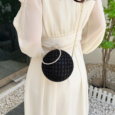 Women Spherical Evening Bag Rhinestone Sequin Metal Round Handle Clutch Purse Wedding Party Crossbody Bag With Metal Chain Strap