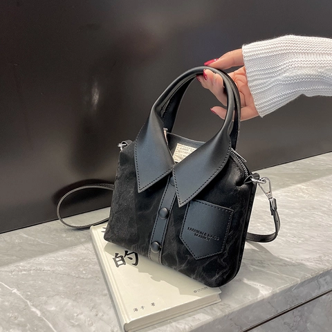 Borsa A Spalla Donna Design Creativo Colletto Camicia Pelle PU Decorazione Bottoni Borsa A Tracolla Moda Piccola