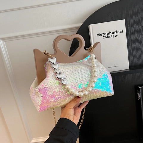 Borsa Tote Con Paillettes Manico Traforato A Forma Di Cuore Künstliche Perle Sintetiche Catena Cuore In Metallo Borsa A Tracolla Da Sera