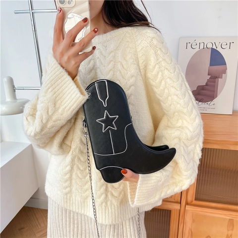 Cowgirl Stiefel Geformte Umhängetasche PU Leder Stern Stickerei Kette Modische Neuheit Handtasche Für Damen