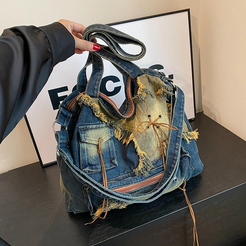 Sac À Épaule En Jean Vintage Grande Capacité Délavé Distressed Patchwork Étoile Tote Bag Y2K Streetwear Décontracté