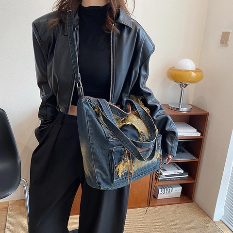 Sac À Épaule En Jean Vintage Grande Capacité Délavé Distressed Patchwork Étoile Tote Bag Y2K Streetwear Décontracté