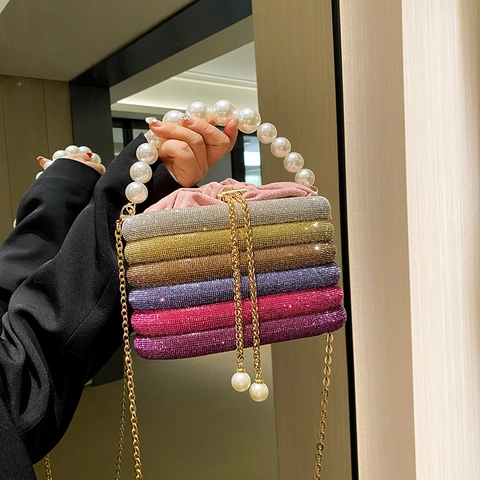 Elegante Borsa Da Sera Da Donna Con Manico In Künstliche Perle E Paillettes Di Strass Lusso Festa Matrimonio Tracolla