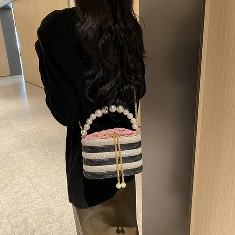 Elegante Borsa Da Sera Da Donna Con Manico In Künstliche Perle E Paillettes Di Strass Lusso Festa Matrimonio Tracolla